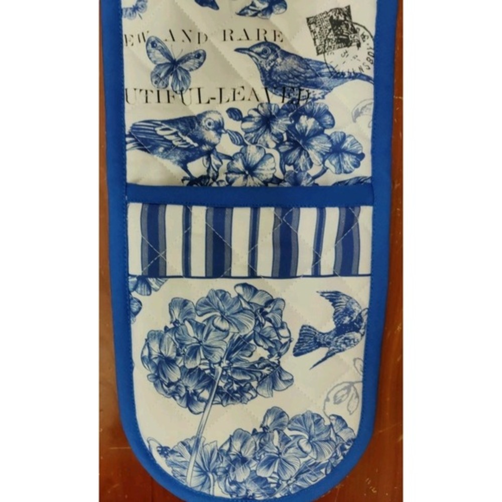 Michel Design Works Double Oven‎ Glove Mitts Blue Bird Flower Postal Euc